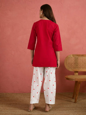 Women Red Solid Short Kurta With Heart Print Farshi Salwar