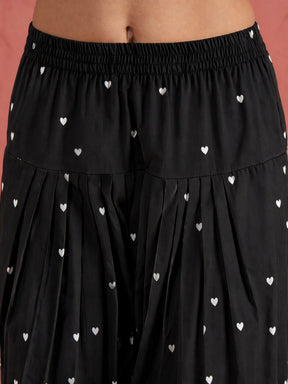 Black Solid Short Kurta With Heart Print Farshi Salwar-Shae by SASSAFRAS