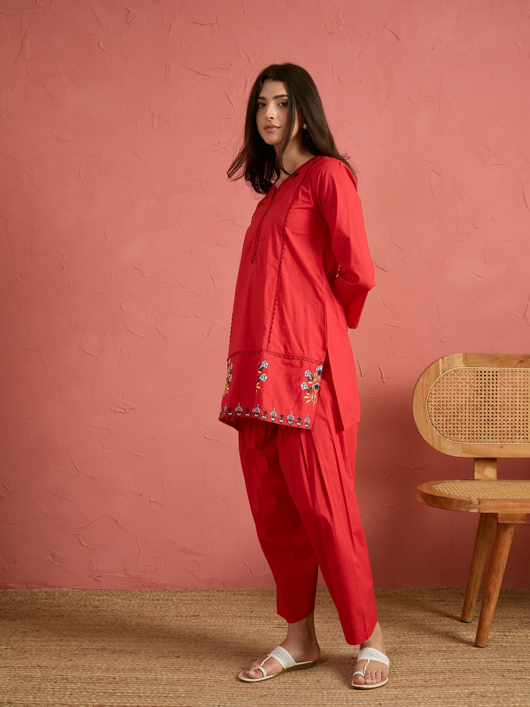 Red Embroidered Short Kurta With Farshi Salwar-Shae by SASSAFRAS