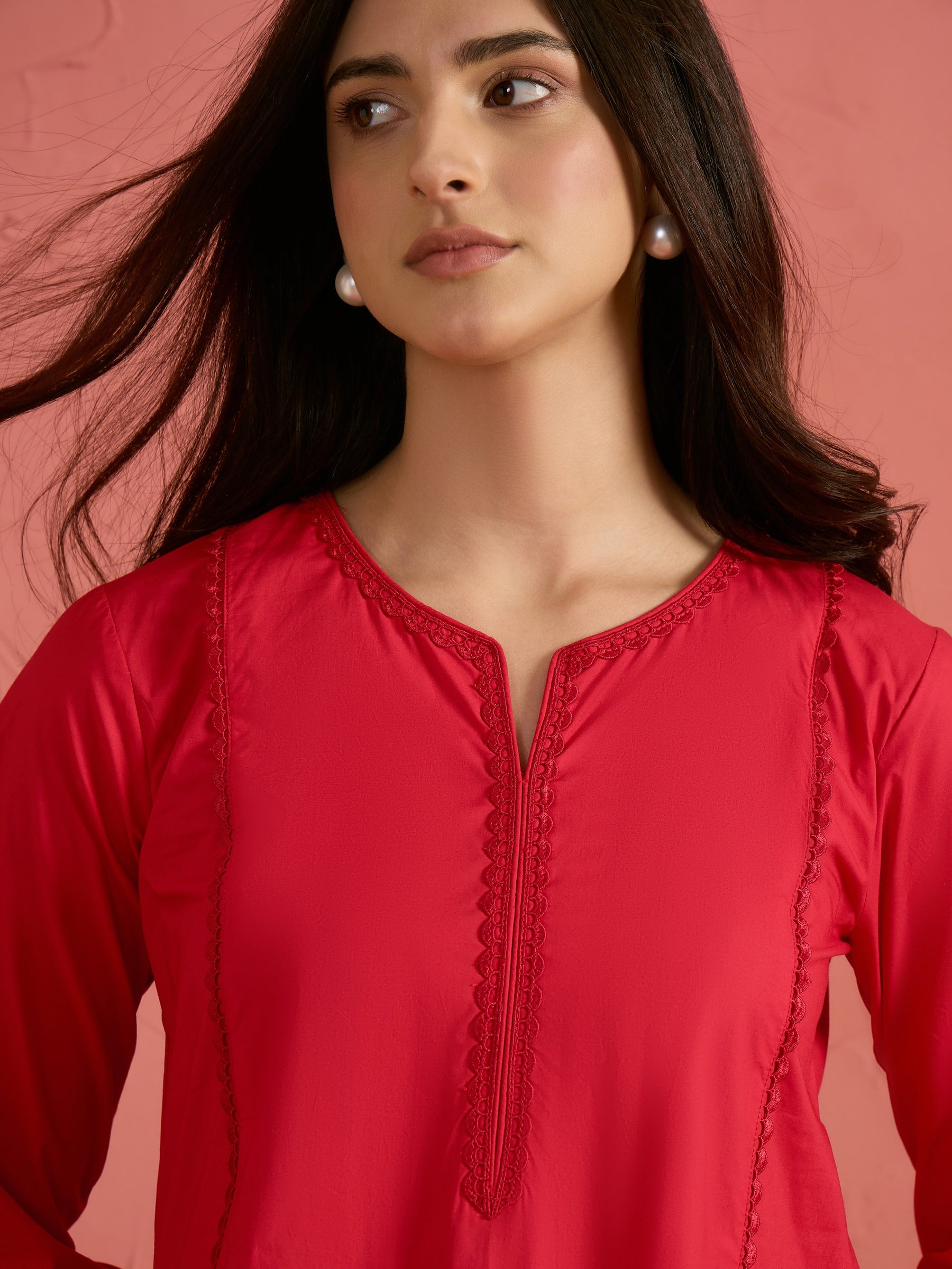 Red Embroidered Short Kurta With Farshi Salwar-Shae by SASSAFRAS