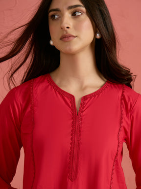 Red Embroidered Short Kurta With Farshi Salwar-Shae by SASSAFRAS