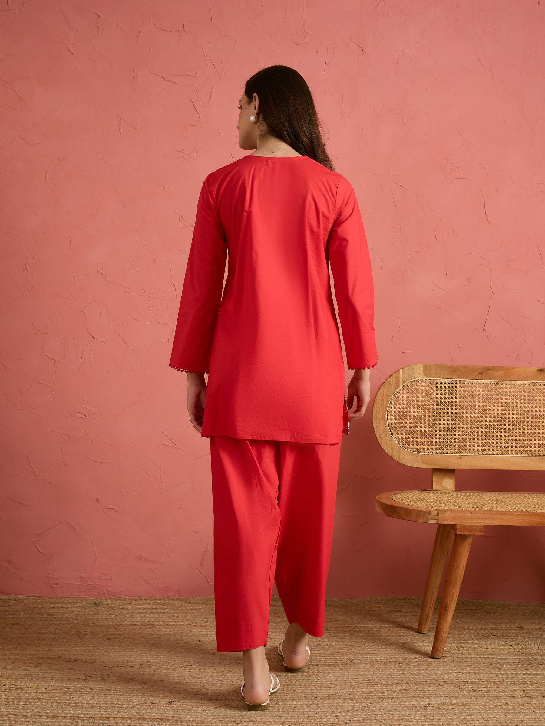 Women Red Embroidered Short Kurta With Farshi Salwar