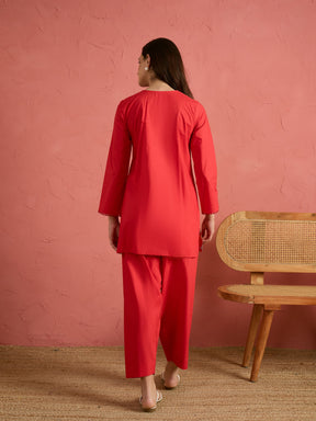 Women Red Embroidered Short Kurta With Farshi Salwar