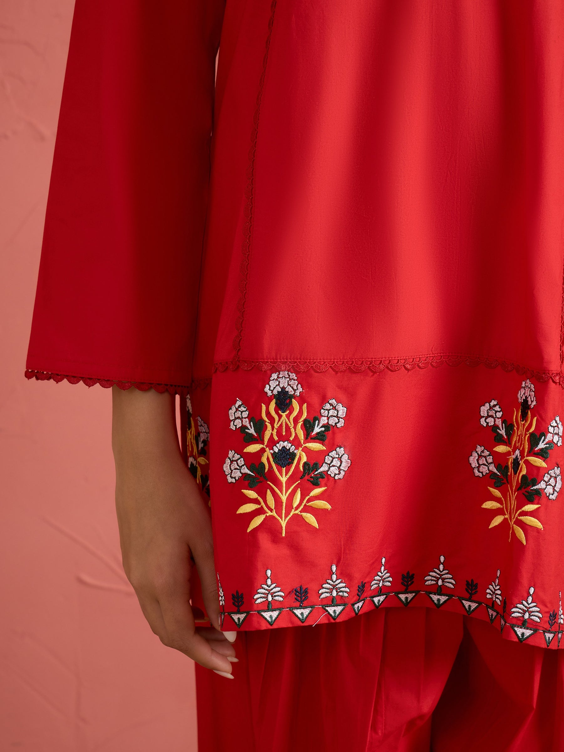 Women Red Embroidered Short Kurta With Farshi Salwar