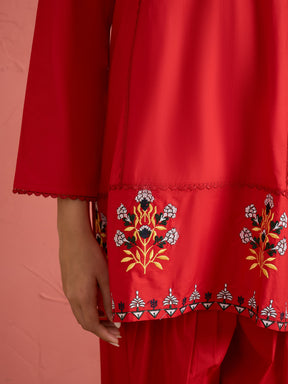 Women Red Embroidered Short Kurta With Farshi Salwar