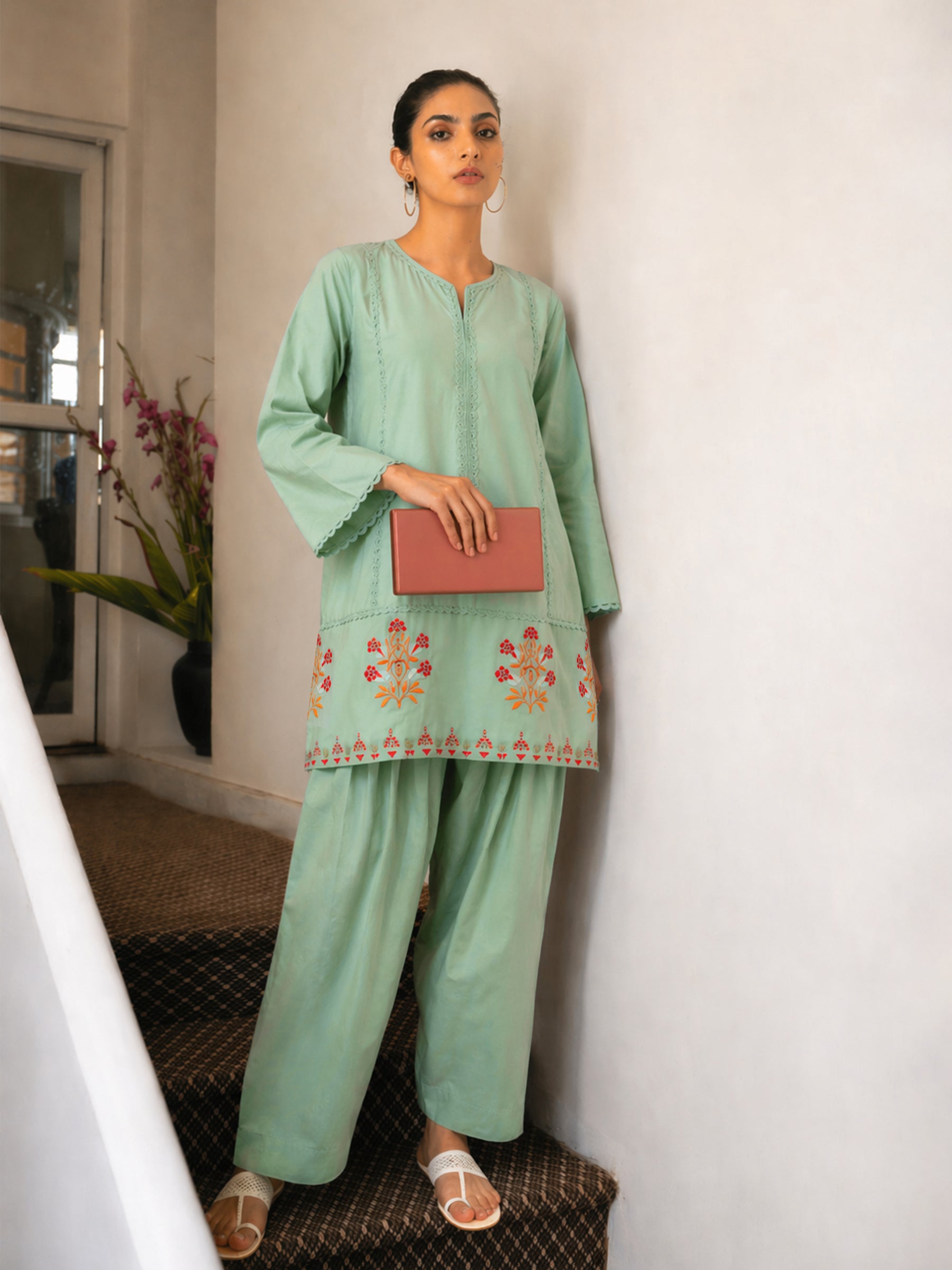 Sea Green Embroidered Short Kurta With Farshi Salwar-Shae by SASSAFRAS