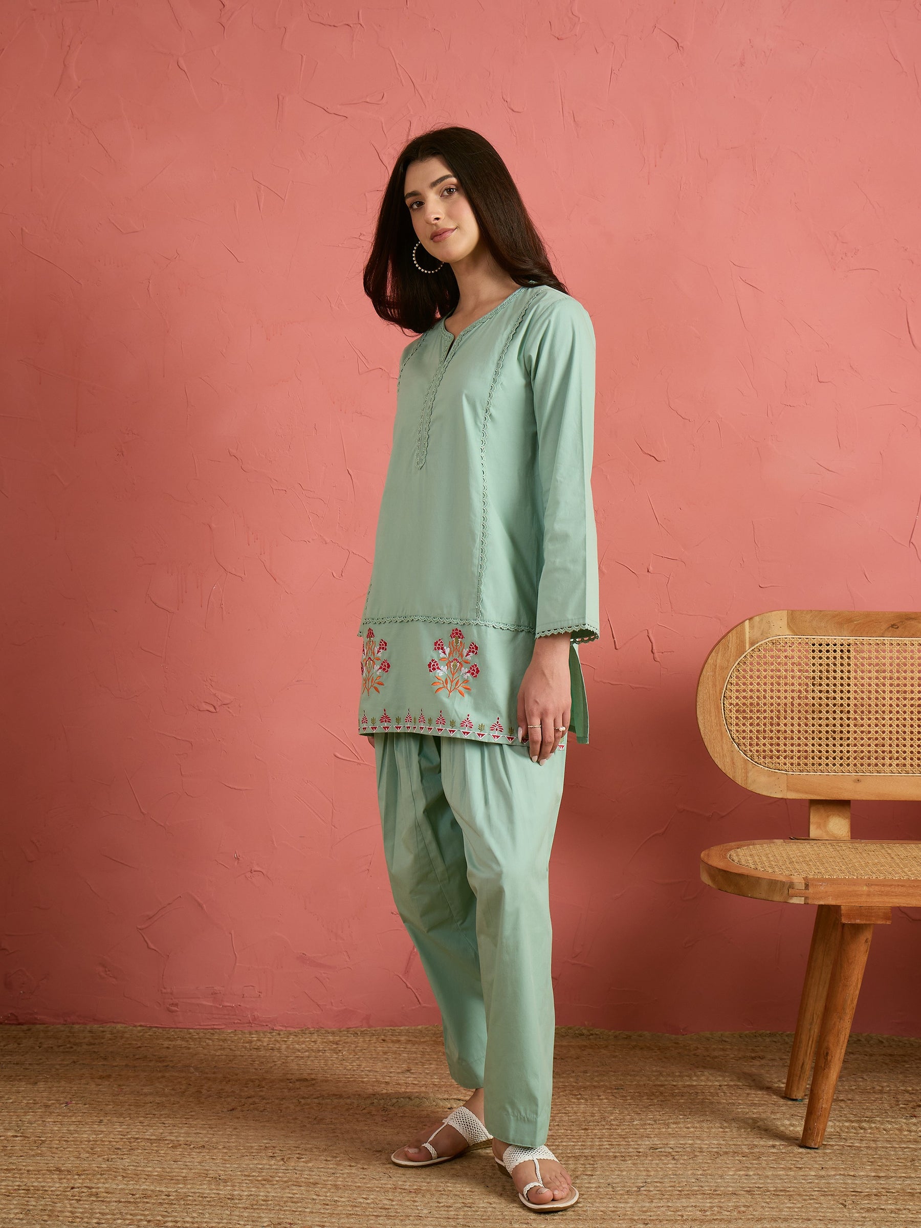 Sea Green Embroidered Short Kurta With Farshi Salwar-Shae by SASSAFRAS