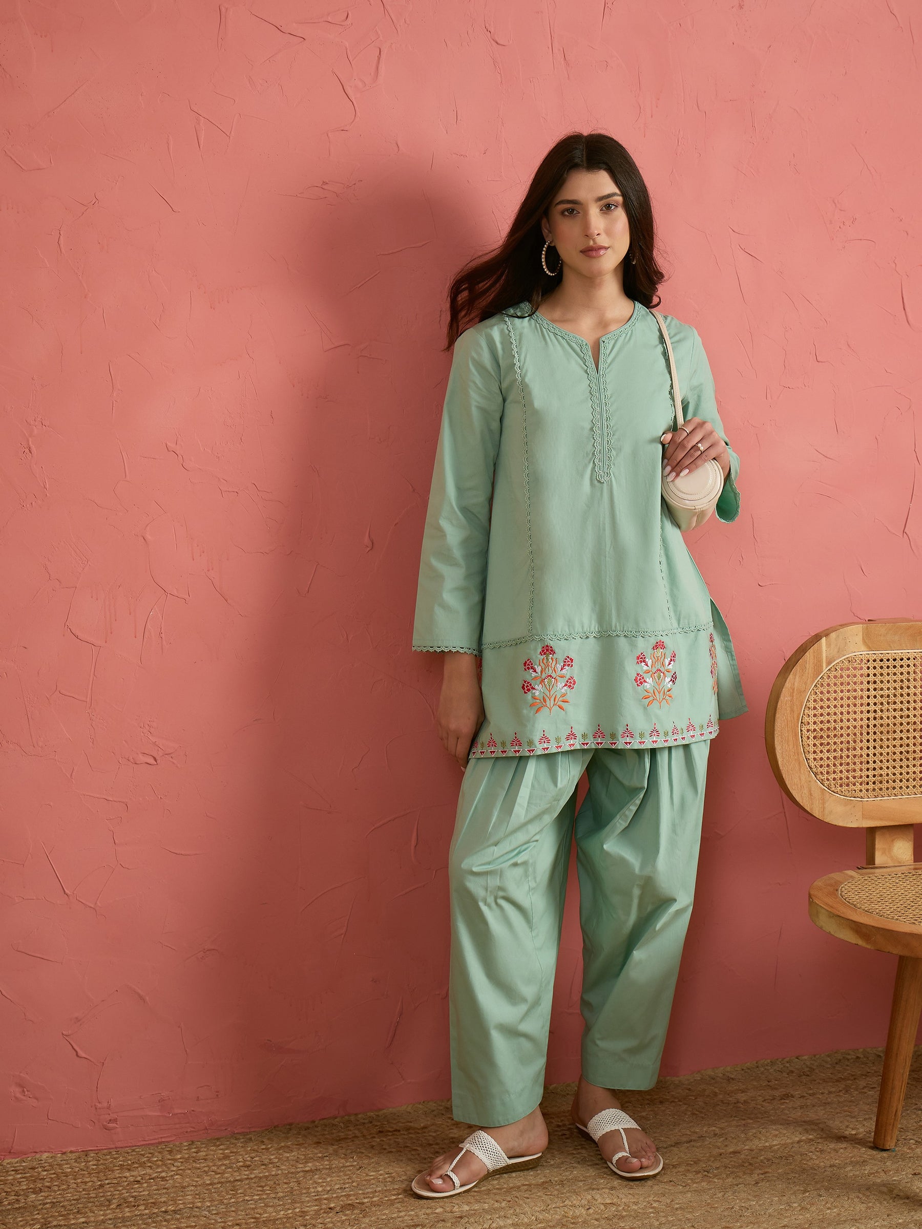 Sea Green Embroidered Short Kurta With Farshi Salwar-Shae by SASSAFRAS