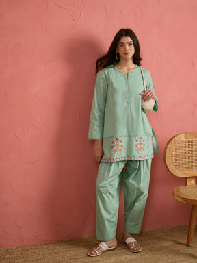 Sea Green Embroidered Short Kurta With Farshi Salwar-Shae by SASSAFRAS