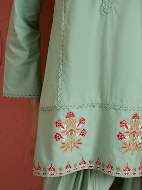 Sea Green Embroidered Short Kurta With Farshi Salwar-Shae by SASSAFRAS