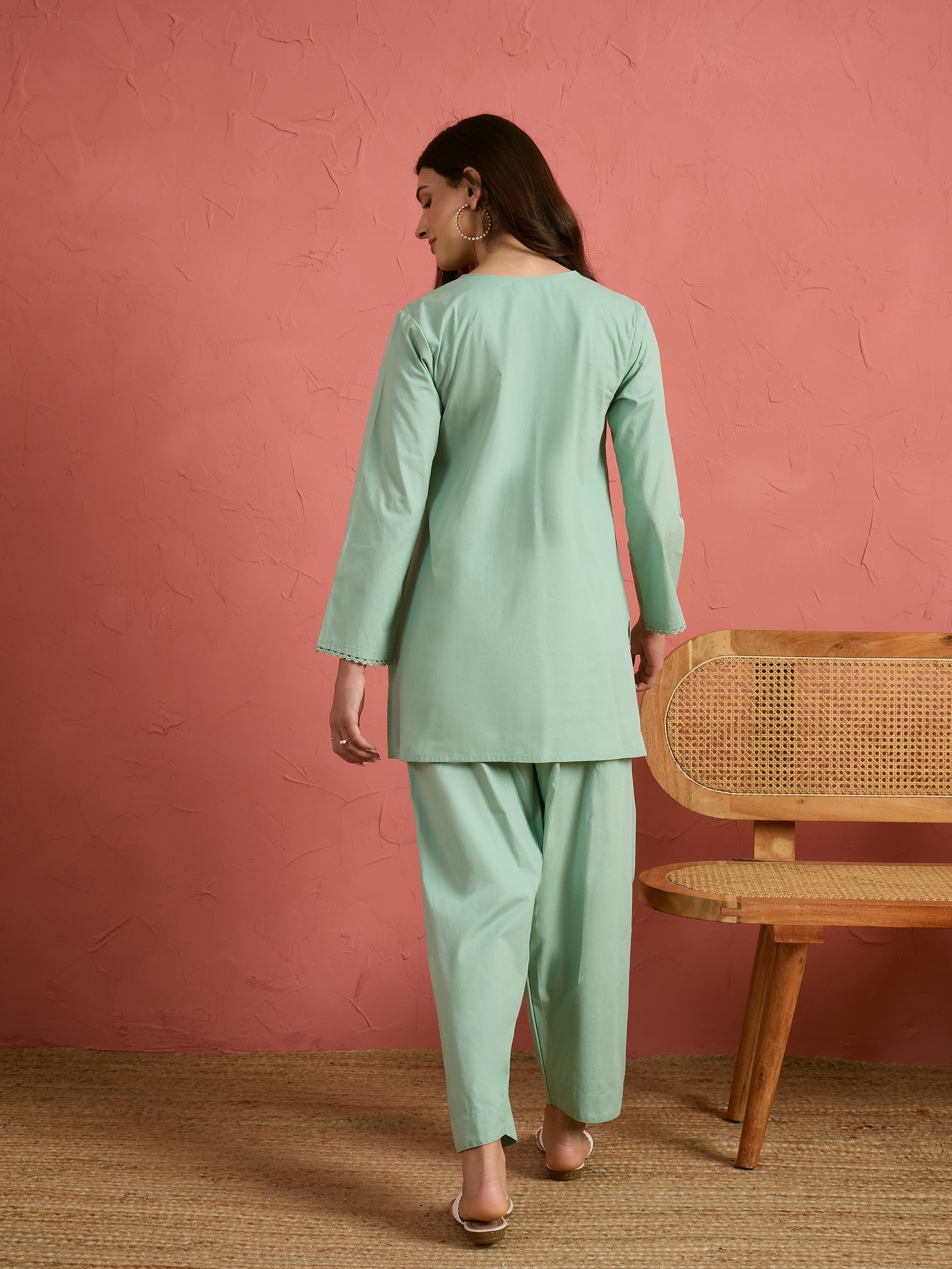 Women Sea Green Embroidered Short Kurta With Farshi Salwar