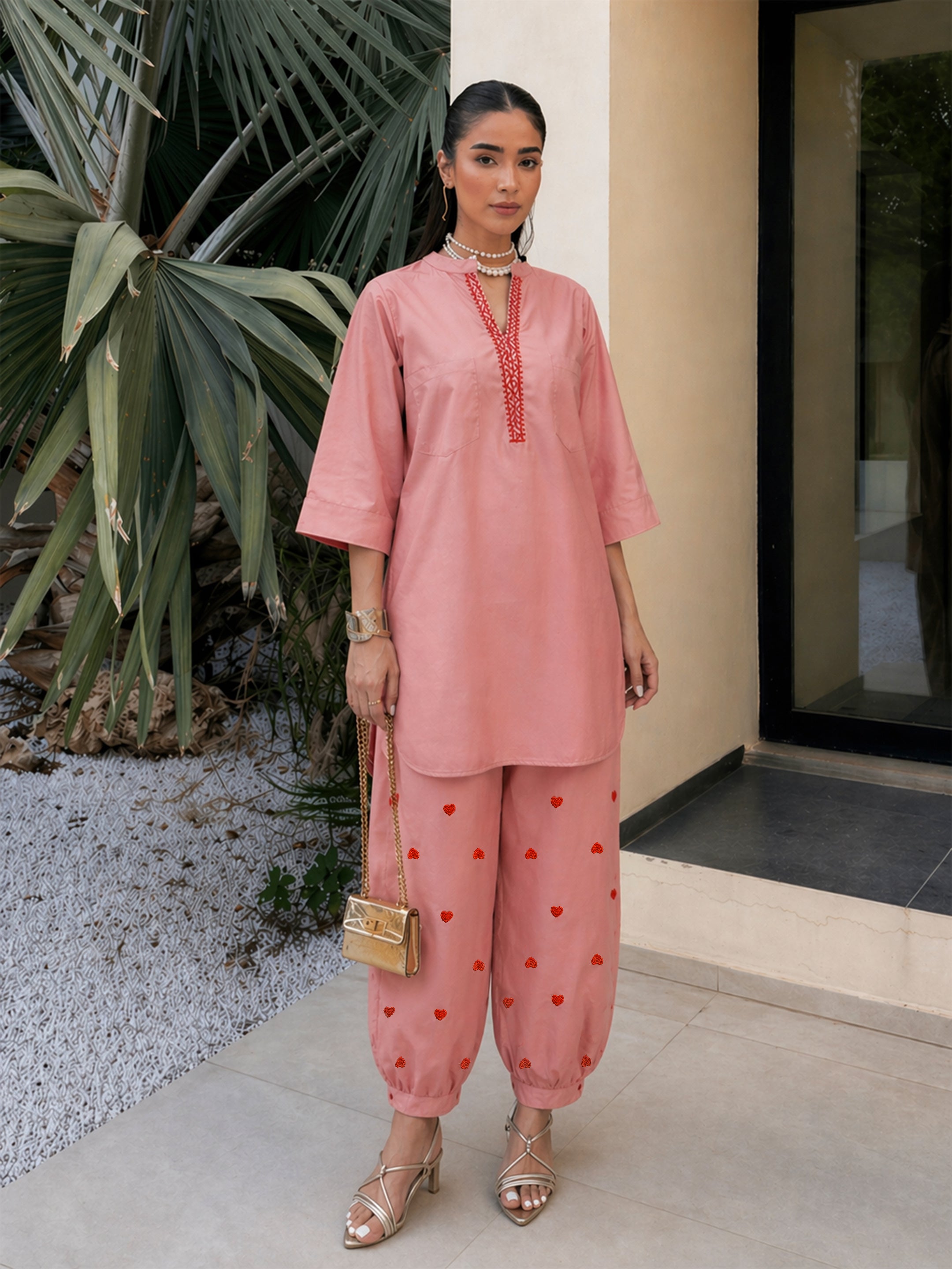 Onion Pink Embroidered Short Kurta With Straight Pants-Shae by SASSAFRAS