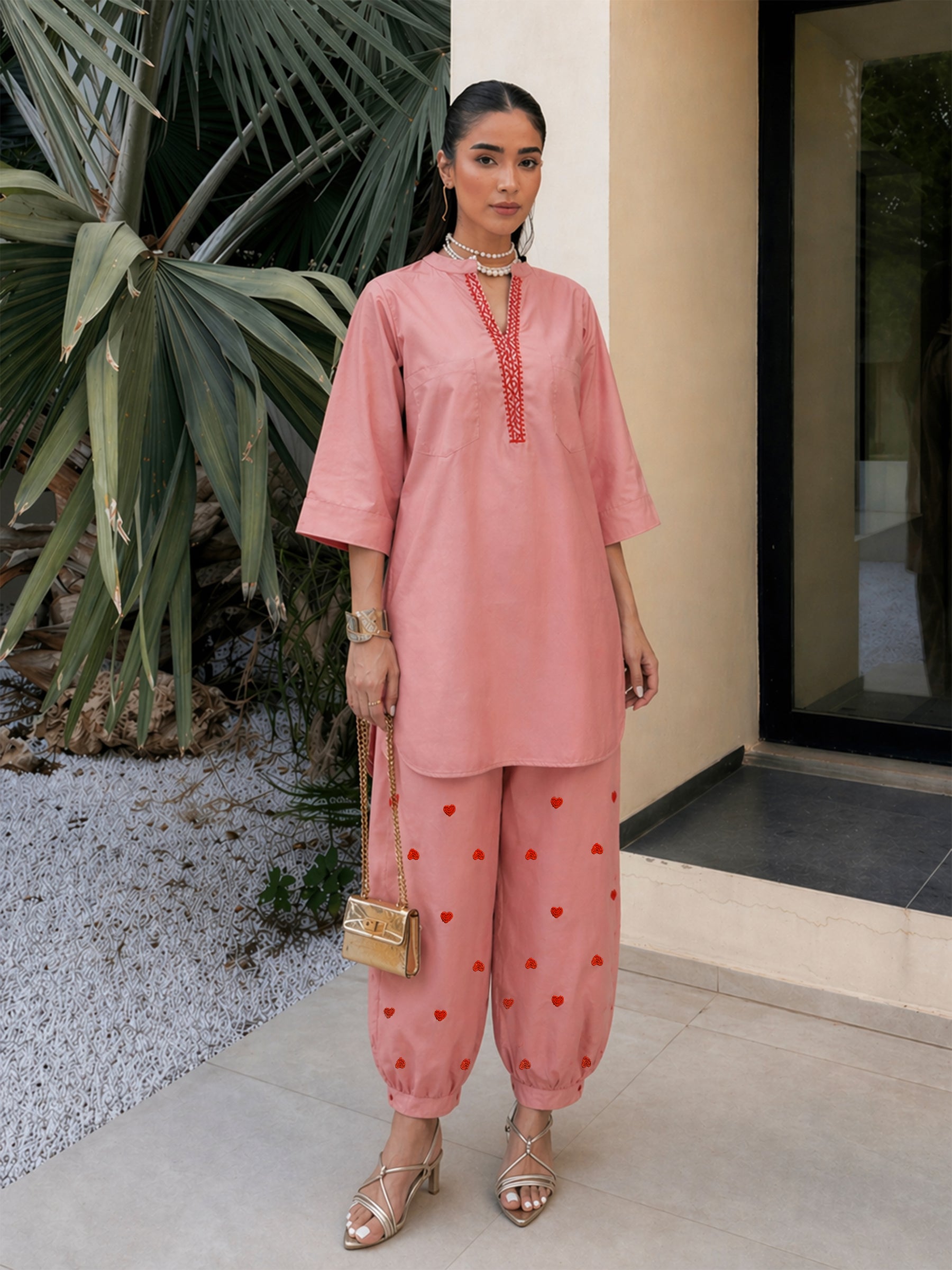 Onion Pink Embroidered Short Kurta With Straight Pants-Shae by SASSAFRAS