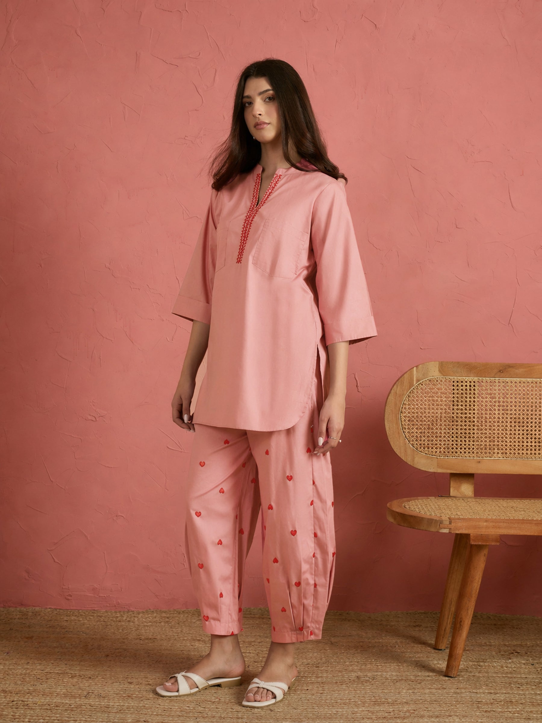 Women Onion Pink Embroidered Short Kurta With Straight Pants