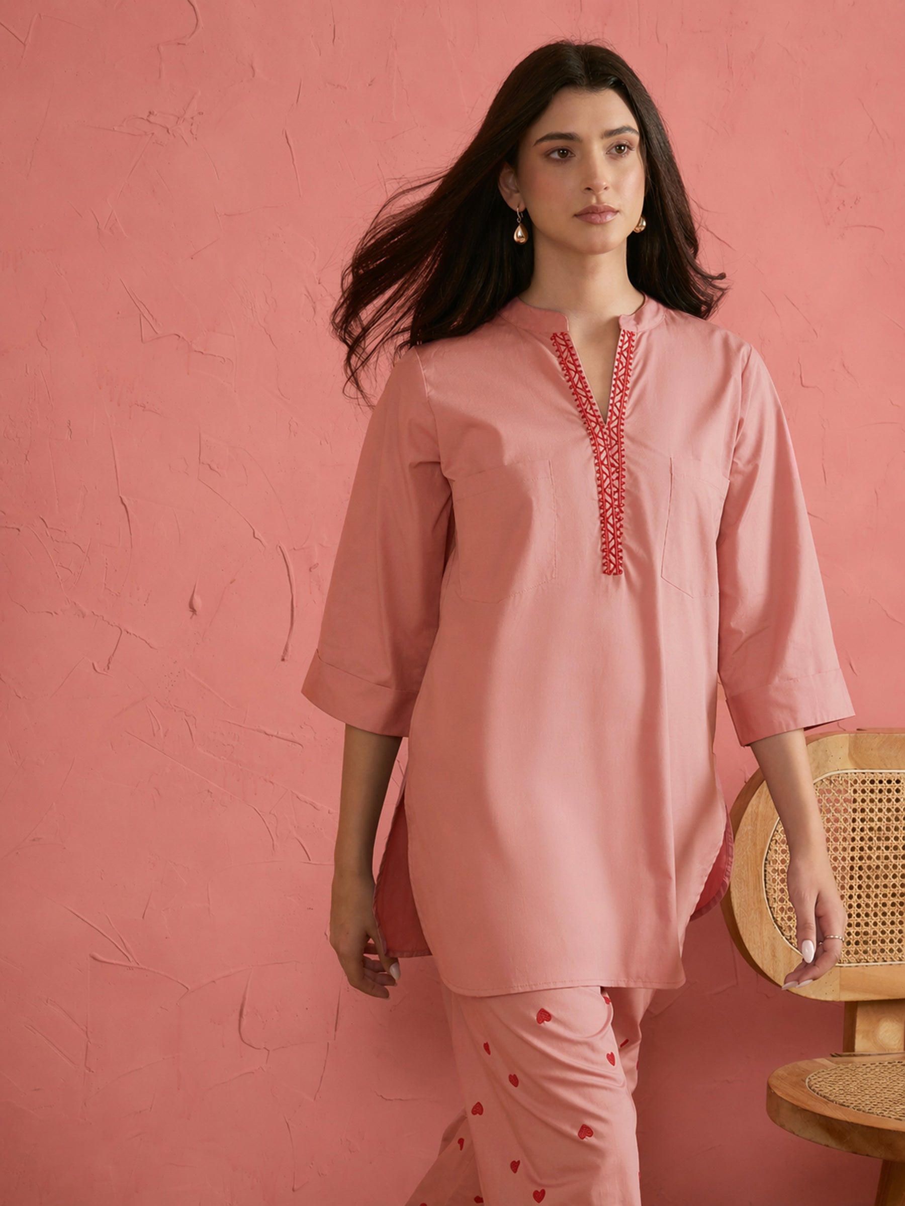 Women Onion Pink Embroidered Short Kurta With Straight Pants