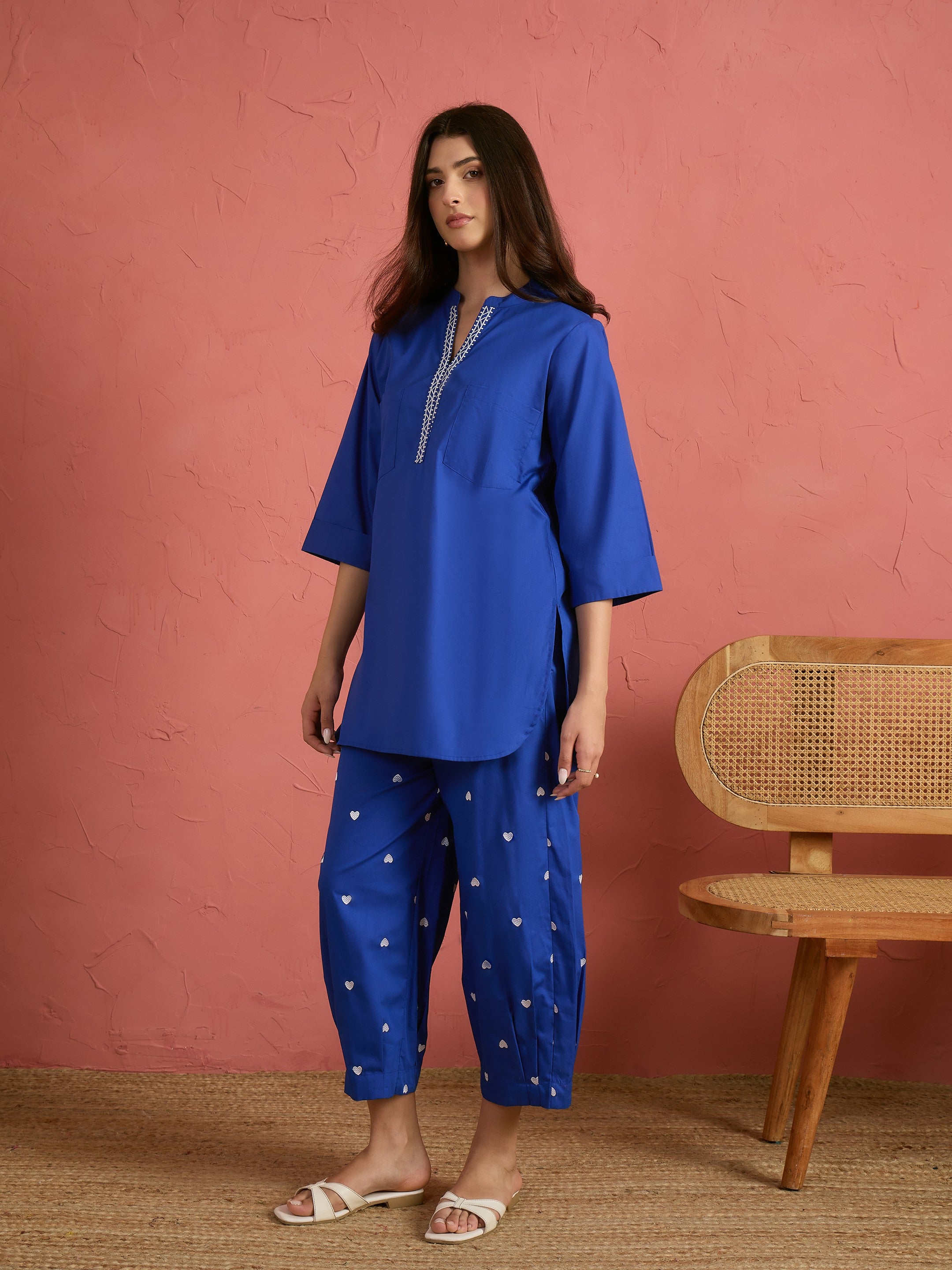 Royal Blue Embroidered Short Kurta With Straight Pants-Shae by SASSAFRAS