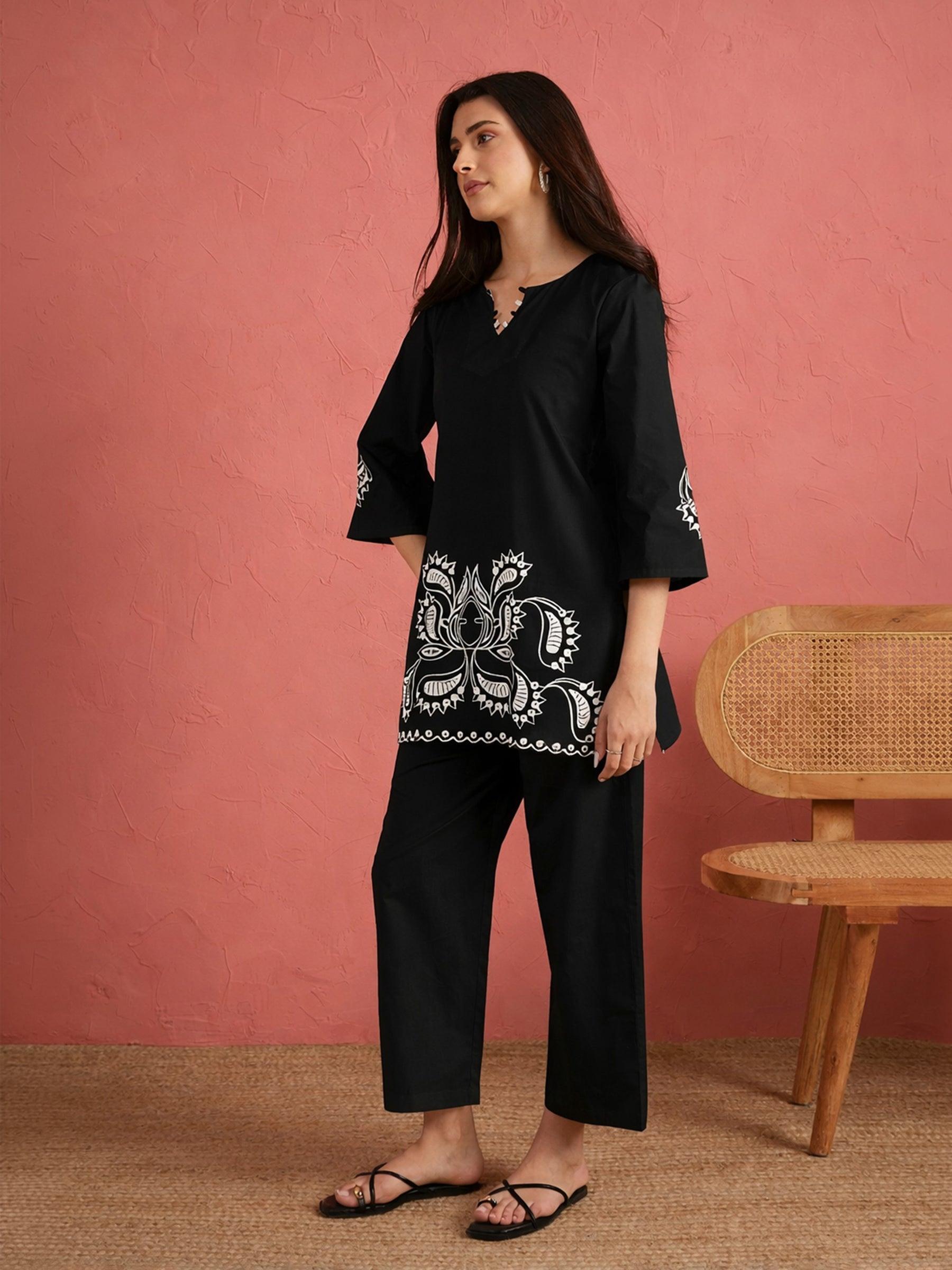 Black Cut Work Short Kurta With Straight Pants-Shae by SASSAFRAS