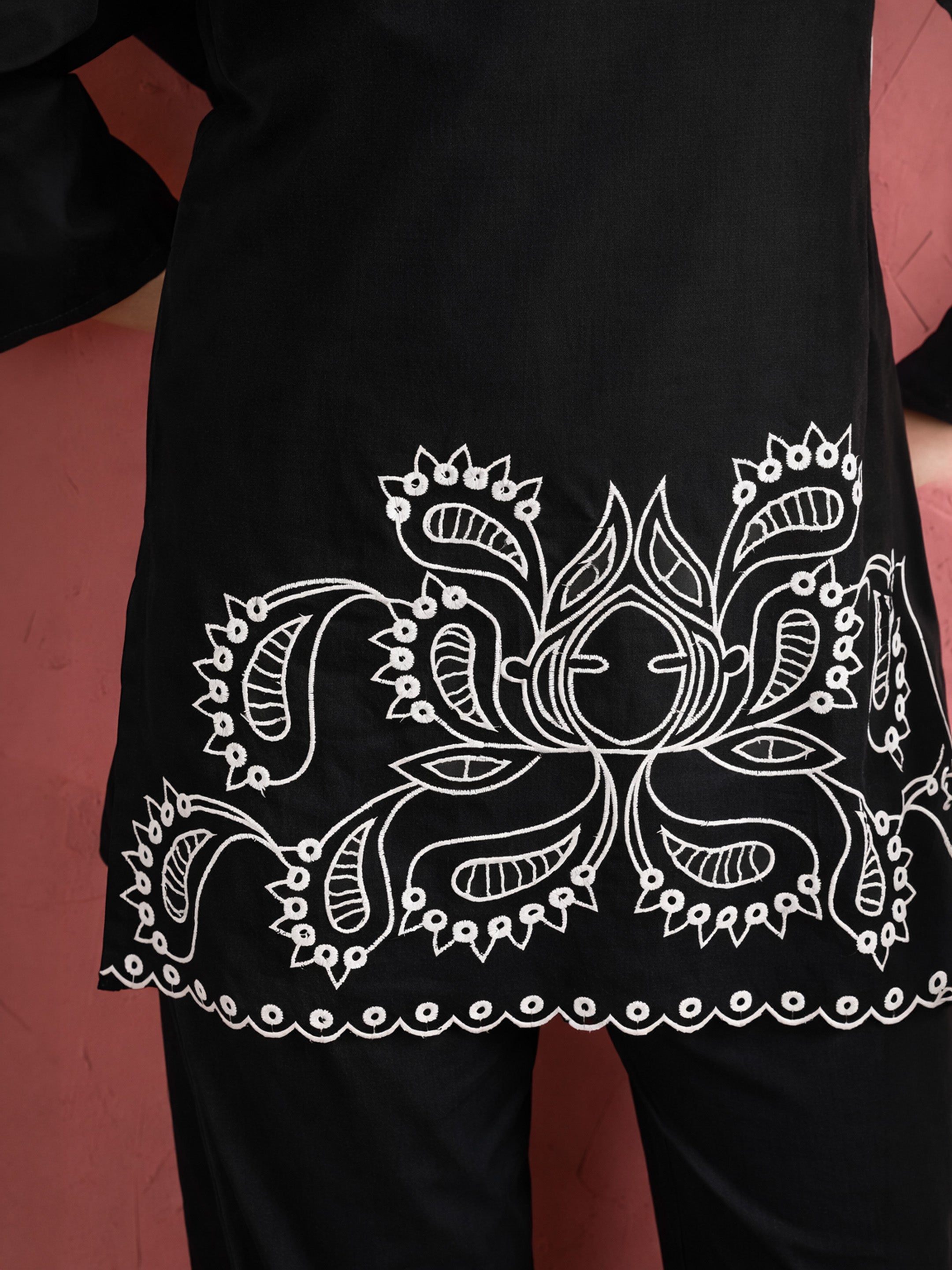 Black Cut Work Short Kurta With Straight Pants-Shae by SASSAFRAS