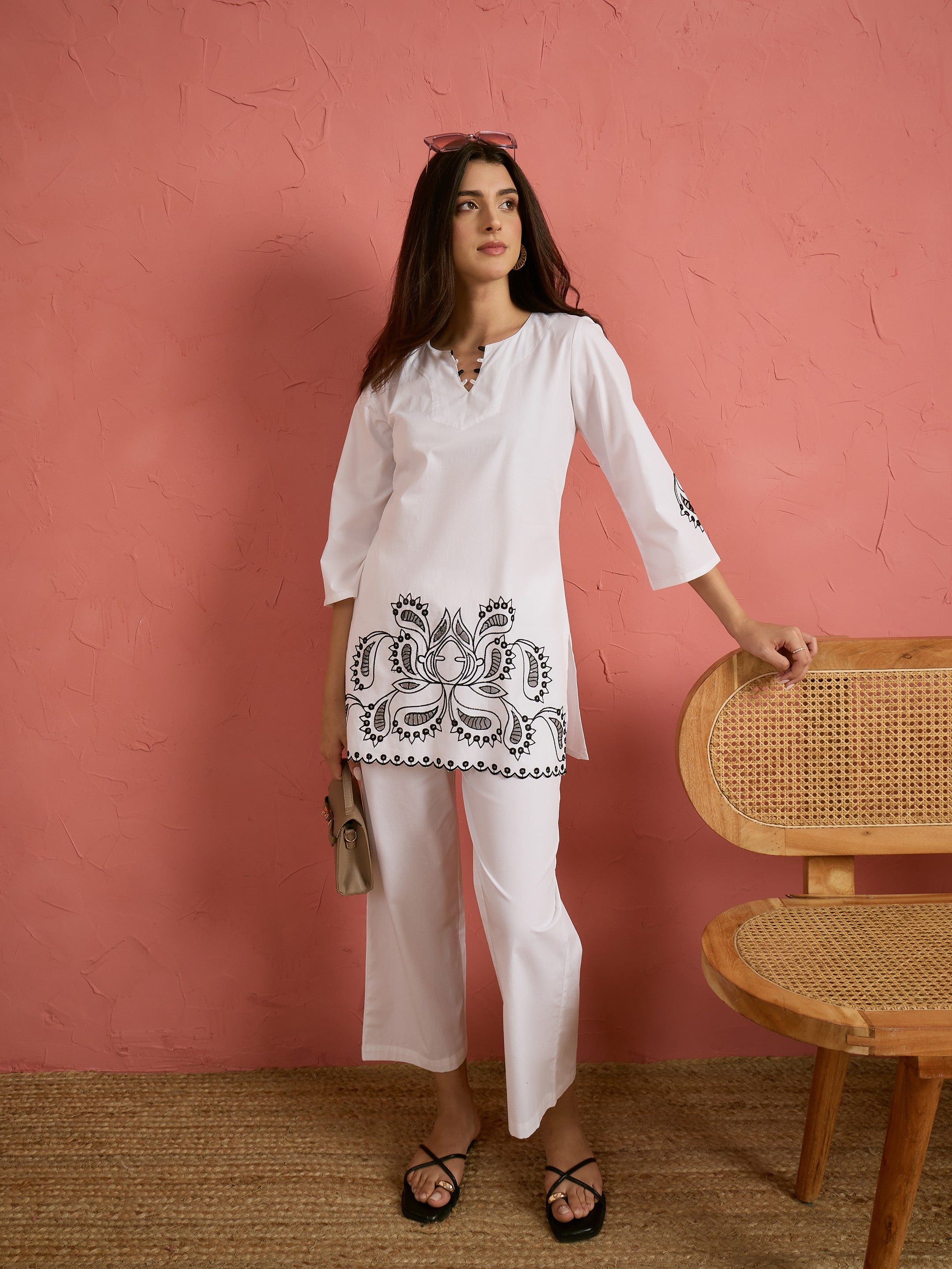 White Cut Work Short Kurta With Straight Pants-Shae by SASSAFRAS