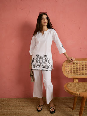 White Cut Work Short Kurta With Straight Pants-Shae by SASSAFRAS
