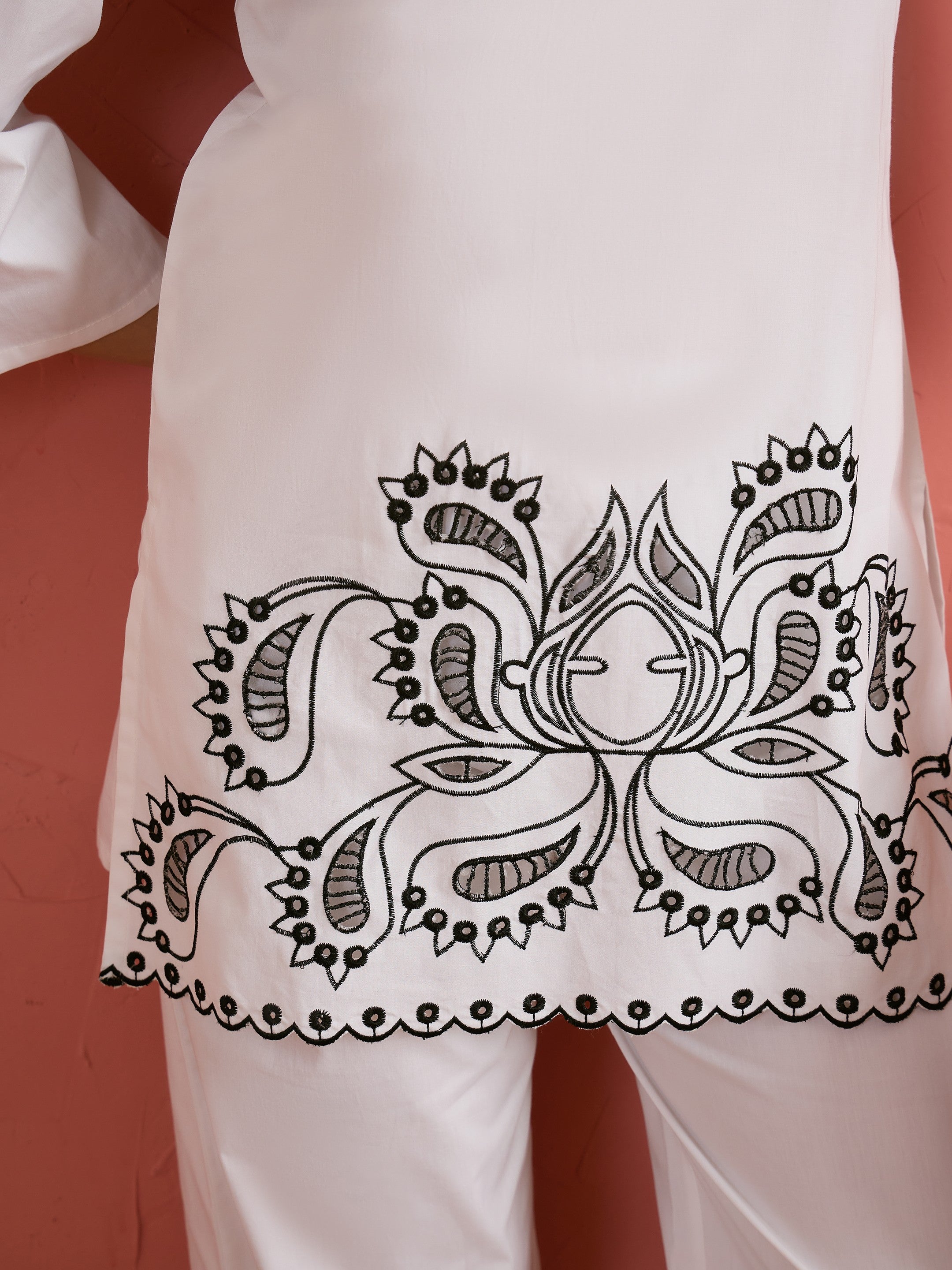 Women White Cut Work Short Kurta With Straight Pants