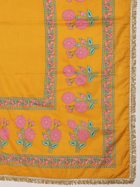 Women Yellow Embroidered Crop Top With Anarkali Skirt & Dupatta