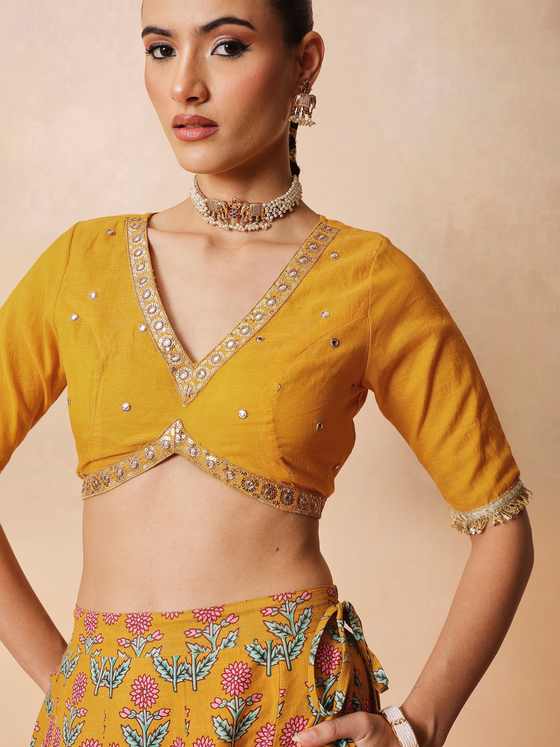 Women Yellow Embroidered Crop Top With Anarkali Skirt & Dupatta