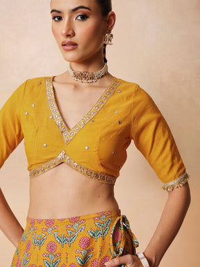 Women Yellow Embroidered Crop Top With Anarkali Skirt & Dupatta