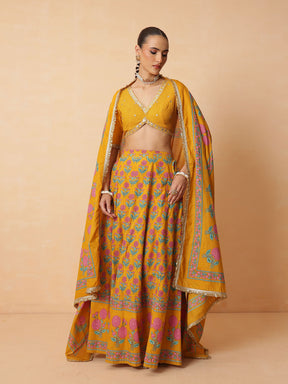 Women Yellow Embroidered Crop Top With Anarkali Skirt & Dupatta