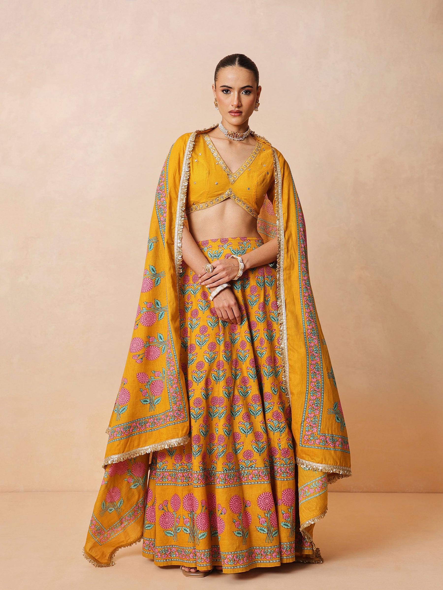 Women Yellow Embroidered Crop Top With Anarkali Skirt & Dupatta