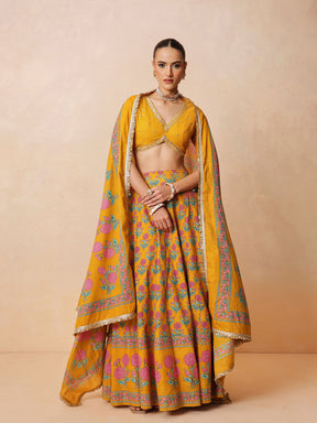 Women Yellow Embroidered Crop Top With Anarkali Skirt & Dupatta