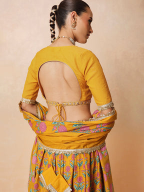 Women Yellow Embroidered Crop Top With Anarkali Skirt & Dupatta