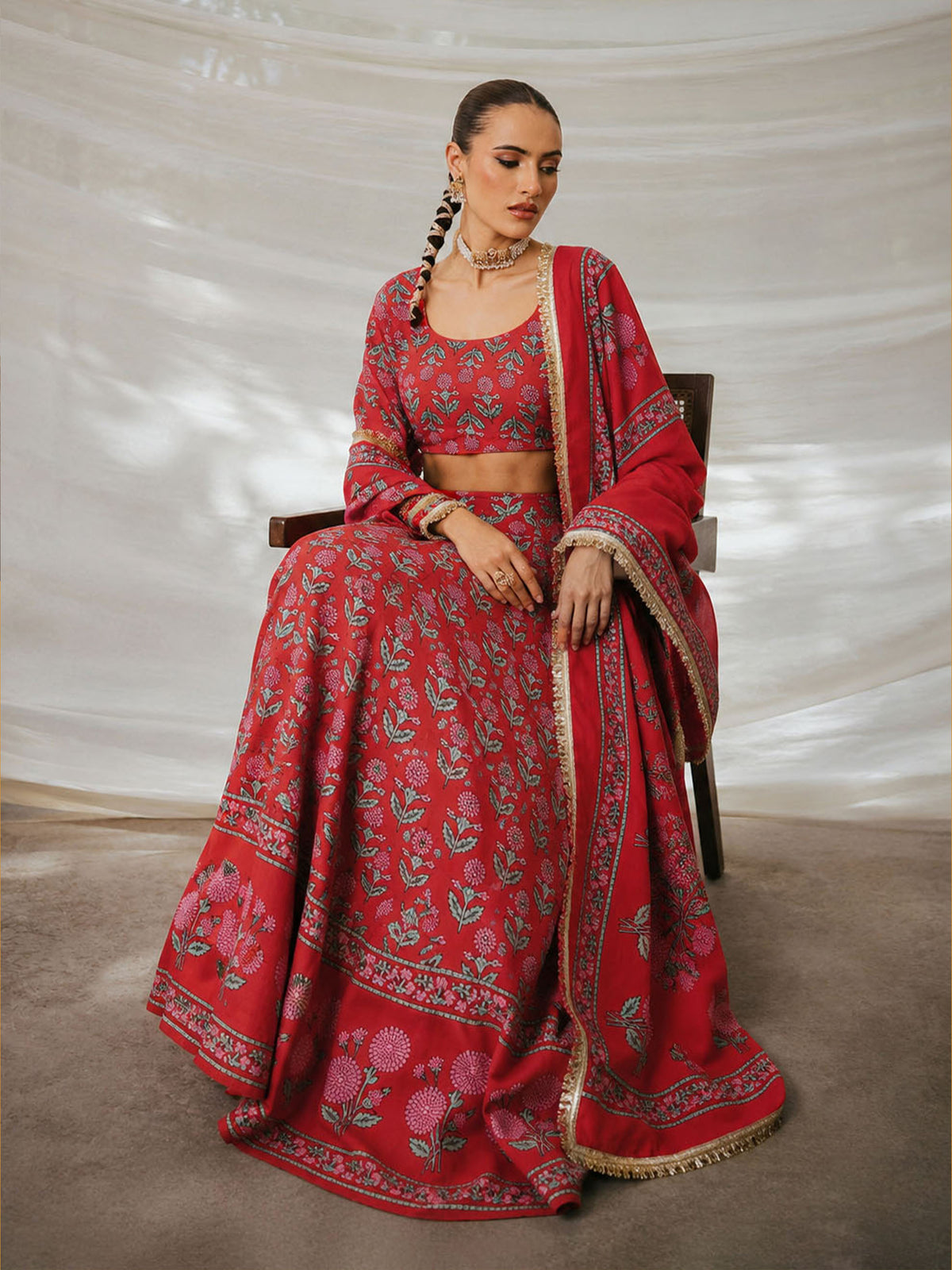 Red Floral Round Neck Crop Top With Anarkali Skirt & Dupatta-Luxe - Shae by SASSAFRAS
