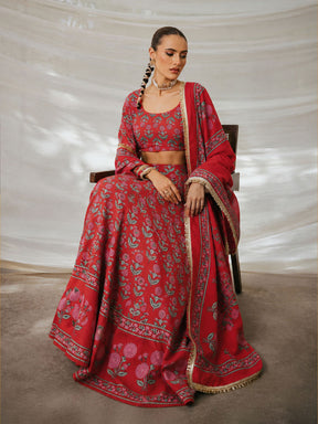 Red Floral Round Neck Crop Top With Anarkali Skirt & Dupatta-Luxe - Shae by SASSAFRAS