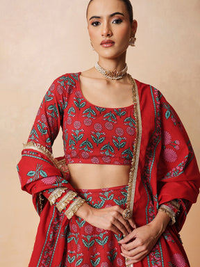 Red Floral Round Neck Crop Top With Anarkali Skirt & Dupatta-Luxe - Shae by SASSAFRAS