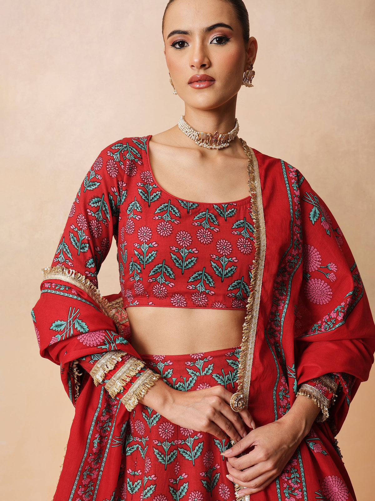 Women Red Floral Round Neck Crop Top With Anarkali Skirt & Dupatta
