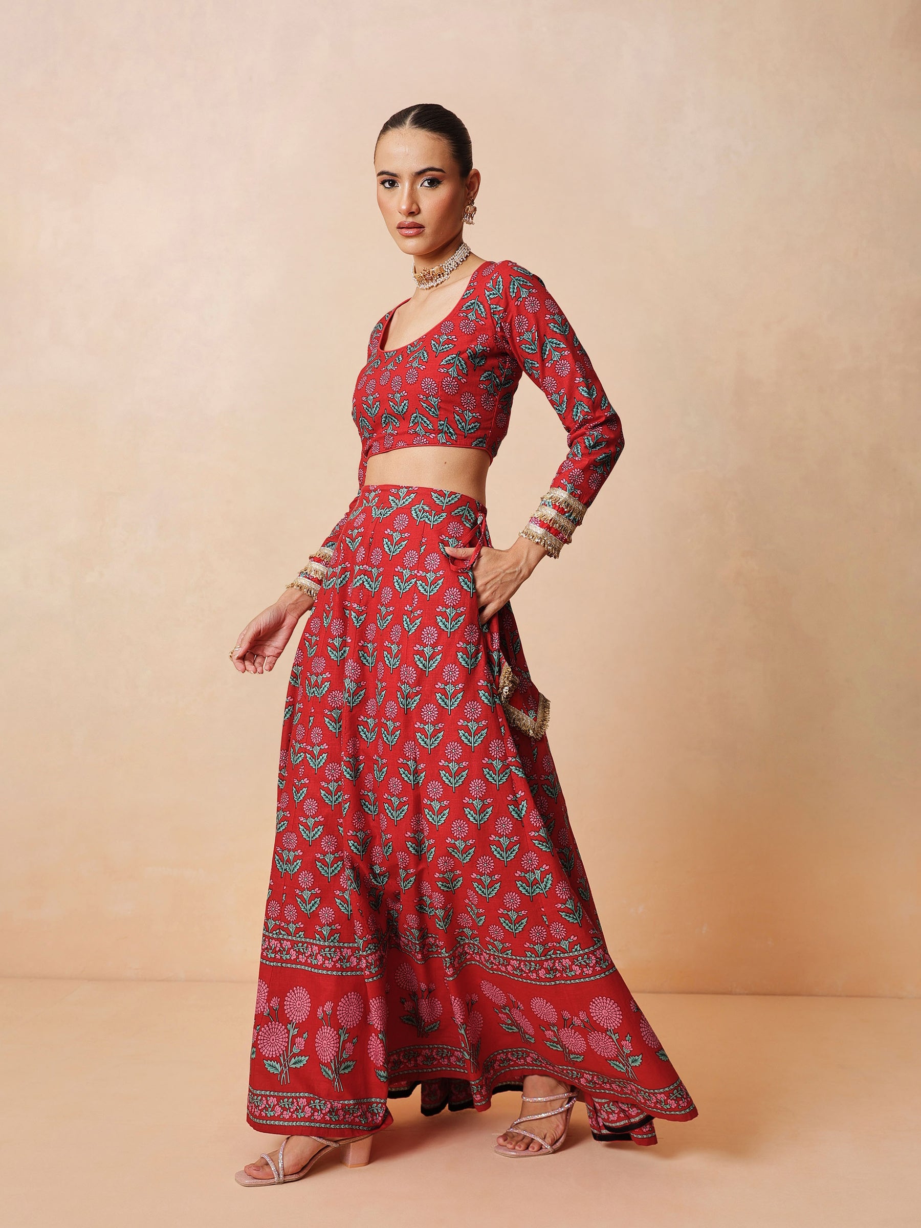 Red Floral Round Neck Crop Top With Anarkali Skirt & Dupatta-Luxe - Shae by SASSAFRAS