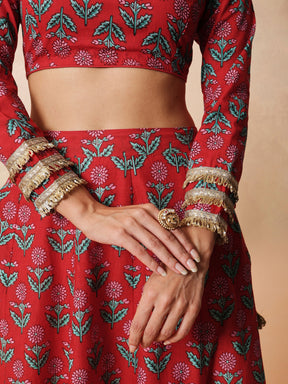 Women Red Floral Round Neck Crop Top With Anarkali Skirt & Dupatta