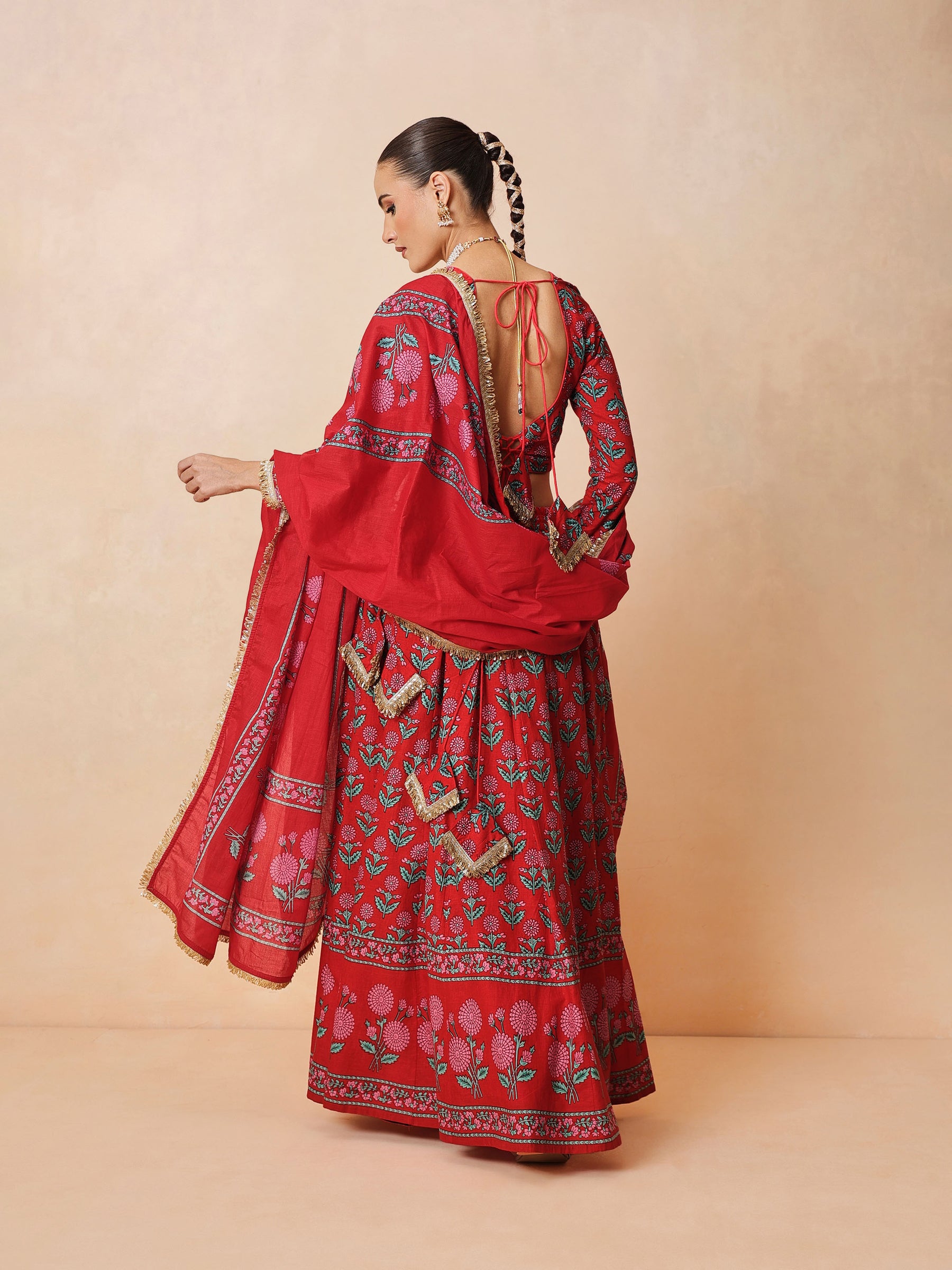 Women Red Floral Round Neck Crop Top With Anarkali Skirt & Dupatta