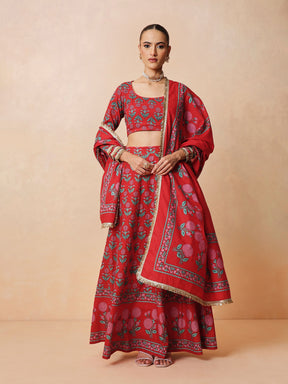 Women Red Floral Round Neck Crop Top With Anarkali Skirt & Dupatta