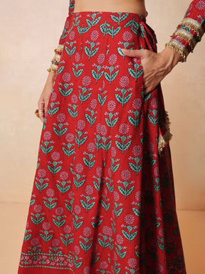 Women Red Floral Round Neck Crop Top With Anarkali Skirt & Dupatta