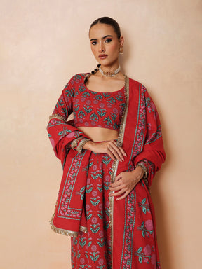 Women Red Floral Round Neck Crop Top With Anarkali Skirt & Dupatta