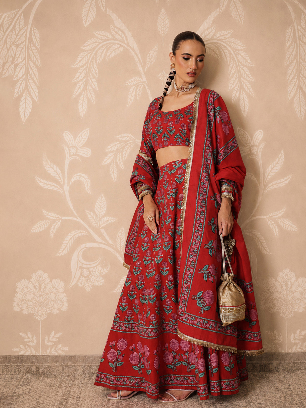 Women Red Floral Round Neck Crop Top With Anarkali Skirt & Dupatta