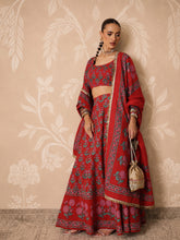 Women Red Floral Round Neck Crop Top With Anarkali Skirt & Dupatta