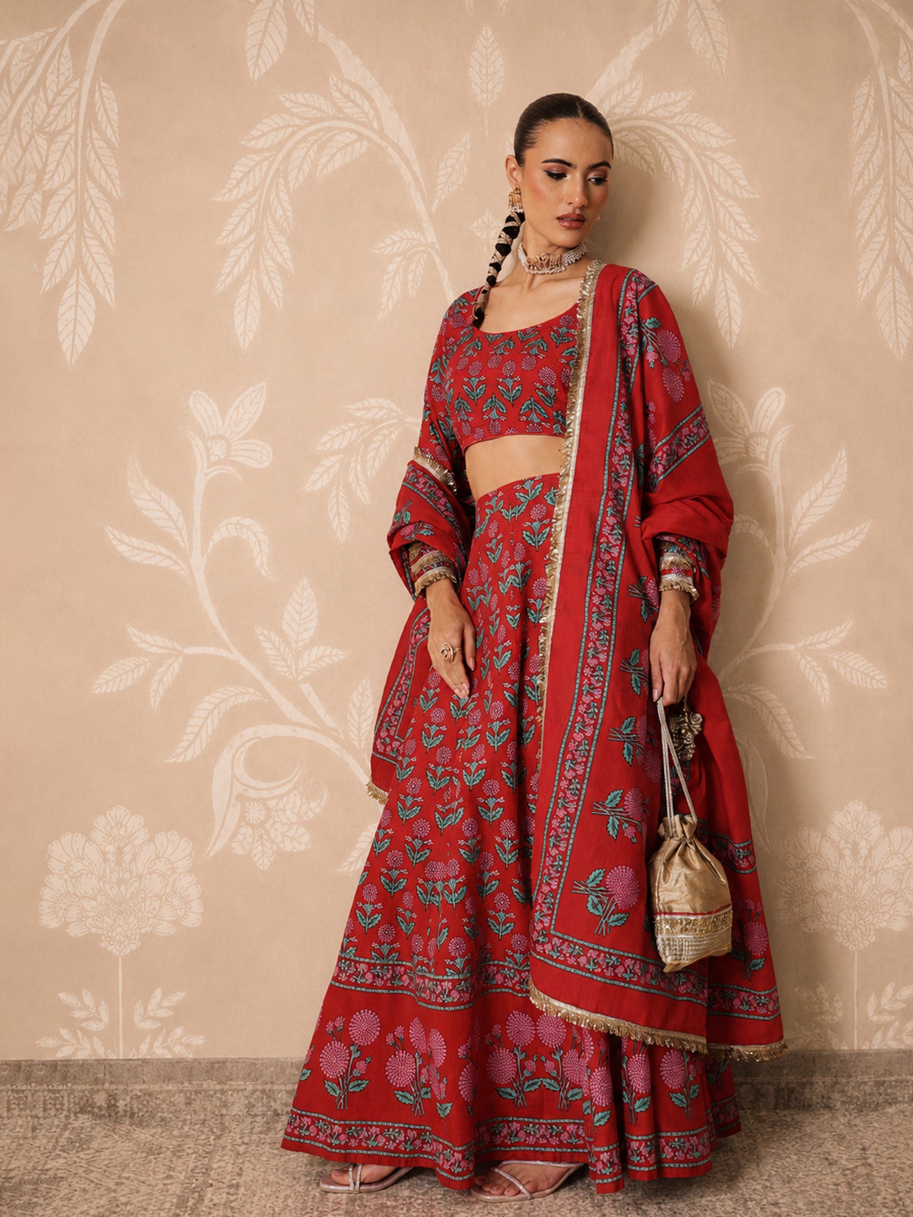 Women Red Floral Round Neck Crop Top With Anarkali Skirt & Dupatta