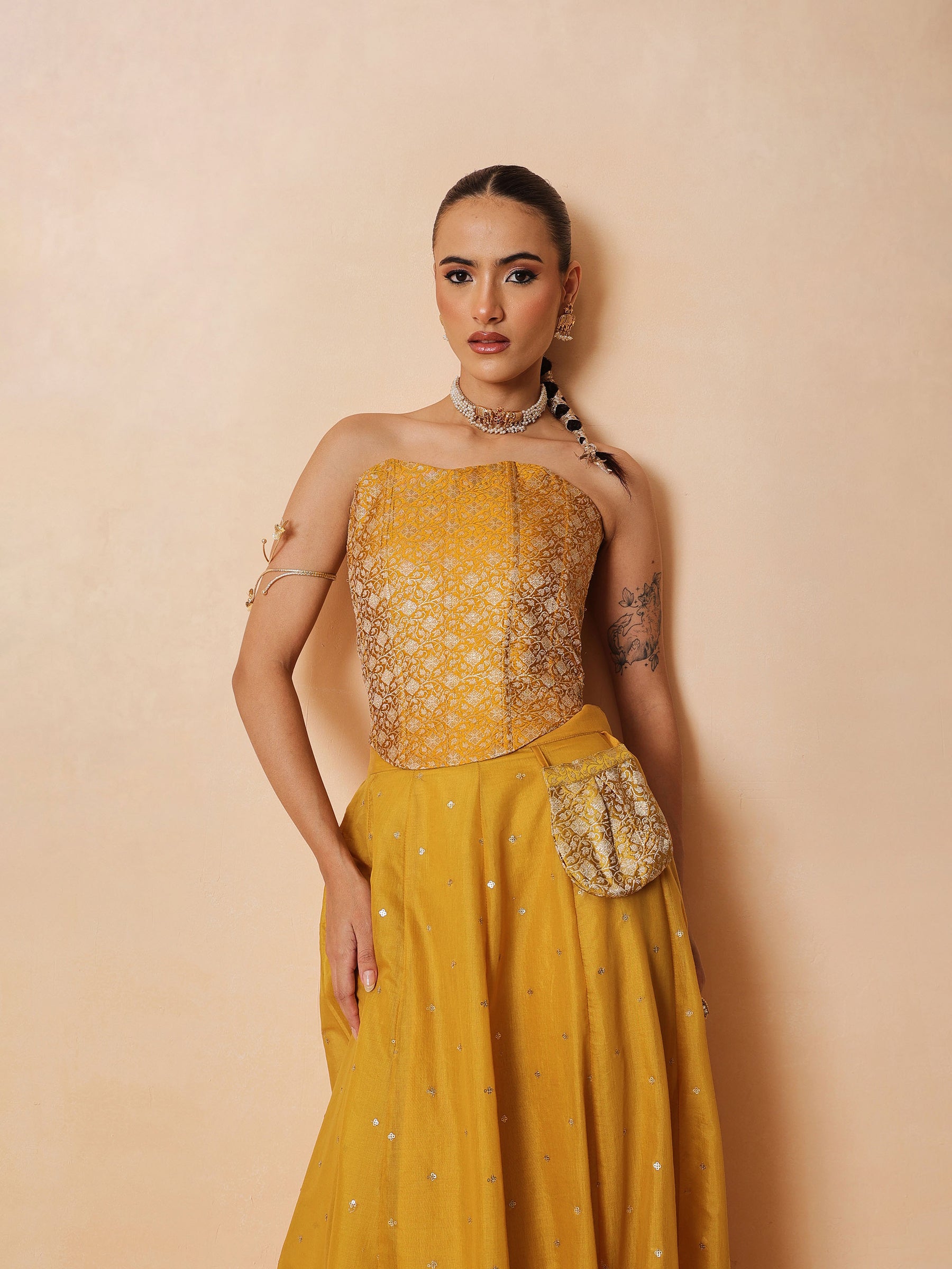 Women Yellow Brocade Corset Top With Chanderi Anarkali Skirt