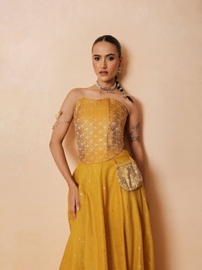 Women Yellow Brocade Corset Top With Chanderi Anarkali Skirt
