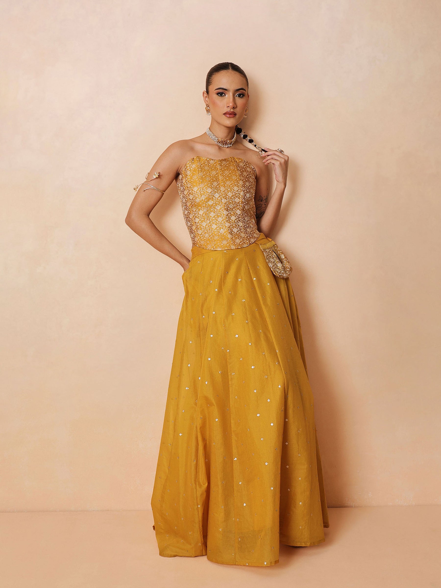 Women Yellow Brocade Corset Top With Chanderi Anarkali Skirt