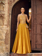 Yellow Brocade Corset Top With Chanderi Anarkali Skirt -Luxe - Shae by SASSAFRAS