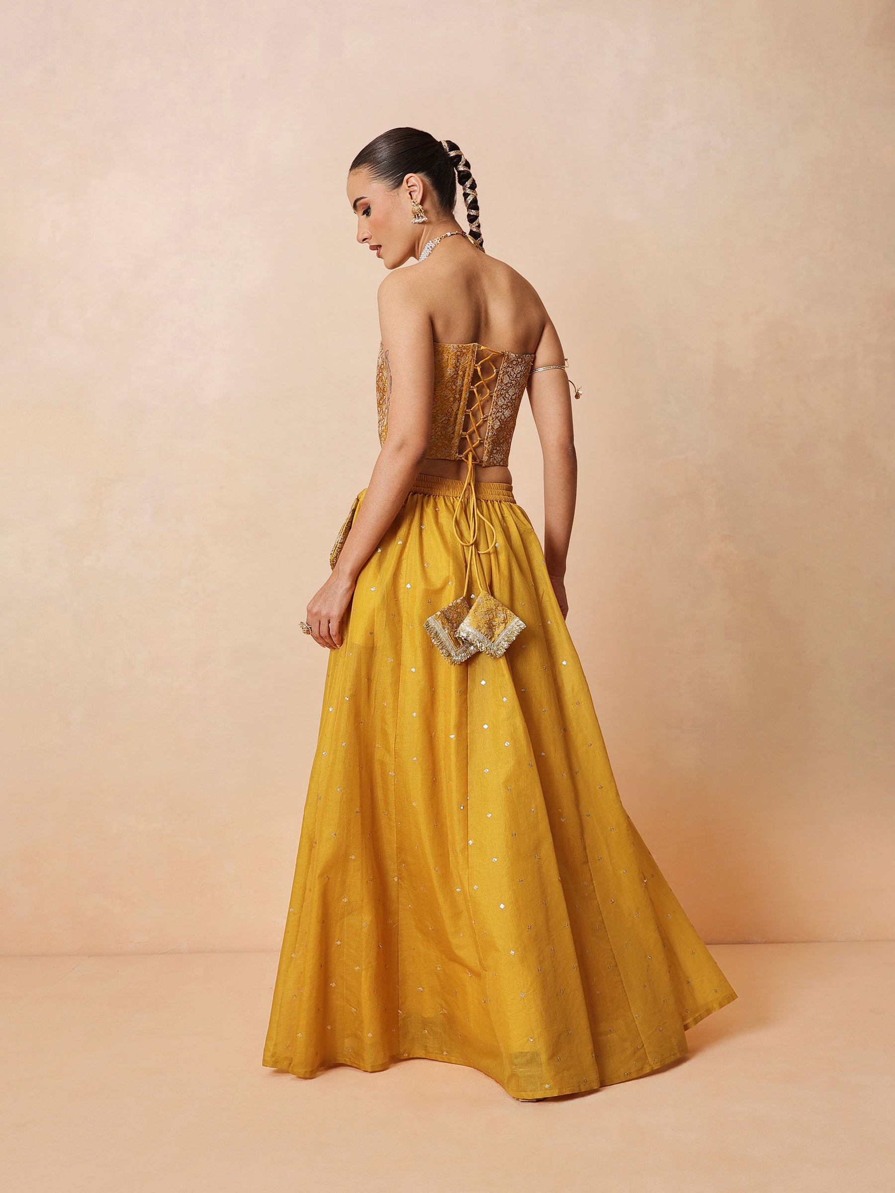 Women Yellow Brocade Corset Top With Chanderi Anarkali Skirt